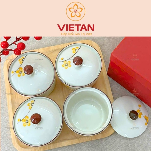 Khay Mứt Sứ 4 Hũ Hoa Mai Vàng Khay Gỗ KM05