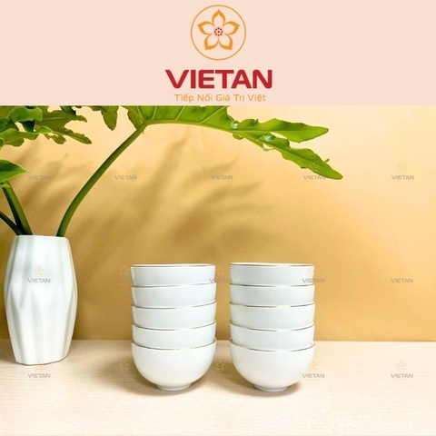 Bộ 10 Bát Ăn cơm Bát Tràng Men Trắng Kẻ Chỉ Vàng In Logo BBD08