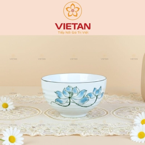 Bộ 6 Bát Ăn Cơm Bát Tràng Men Trắng Hoa Sen Xanh BBD07