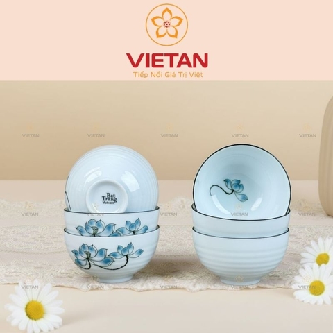 Bộ 6 Bát Ăn Cơm Bát Tràng Men Trắng Hoa Sen Xanh BBD07