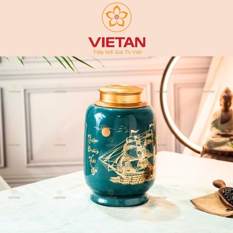 Hũ Đựng Trà Thuận Buồm Xuôi Gió Vẽ Vàng Cao Cấp Dáng Trụ HDT05