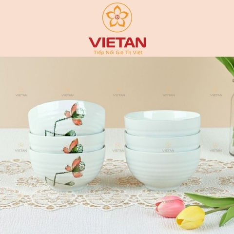 Bộ 6 Bát Ăn Cơm Bát Tràng Đài Sen Men Trắng BBD06