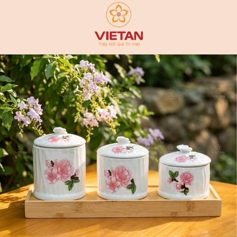 Bộ 3 khay mứt Tết quà tặng in logo men trắng decal đào hồng