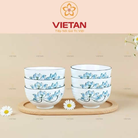 Bộ 6 Bát Ăn Cơm Bát Tràng Men Trắng Hoa Sen Xanh BBD07
