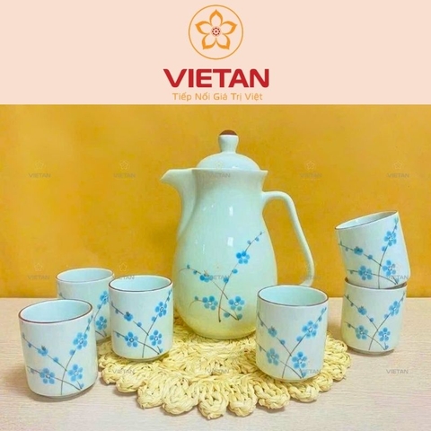 Bộ Bình Trà Gốm Sứ Hoa Đào Xanh BAC07