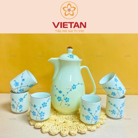 Bộ Bình Trà Gốm Sứ Hoa Đào Xanh BAC07