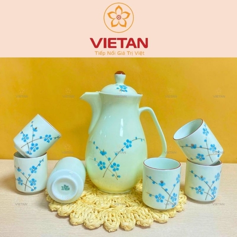 Bộ Bình Trà Gốm Sứ Hoa Đào Xanh BAC07