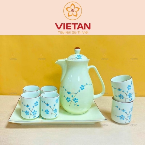 Bộ Bình Trà Gốm Sứ Hoa Đào Xanh BAC07