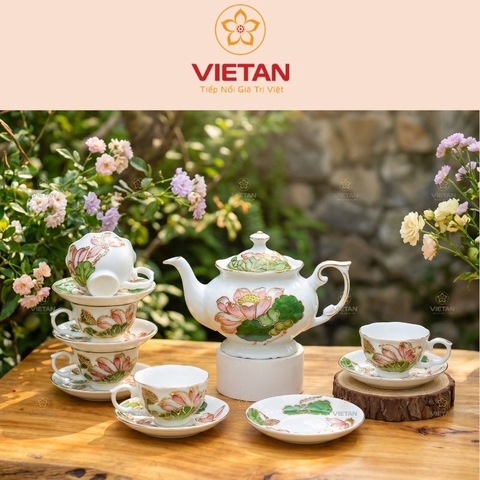 Bộ trà sứ quà tặng cao cấp vẽ vàng kim hoa sen xanh hồng