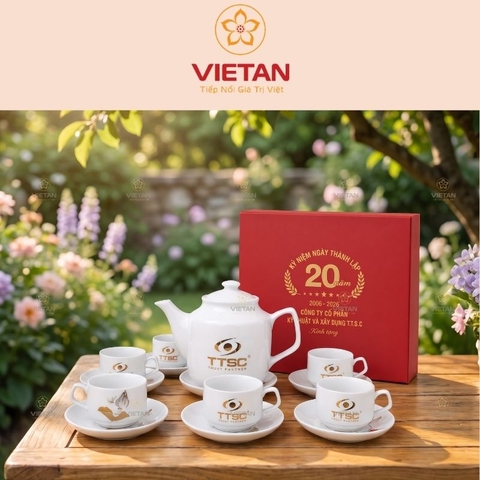 Bộ trà trắng vuông cao in logo quà tặng
