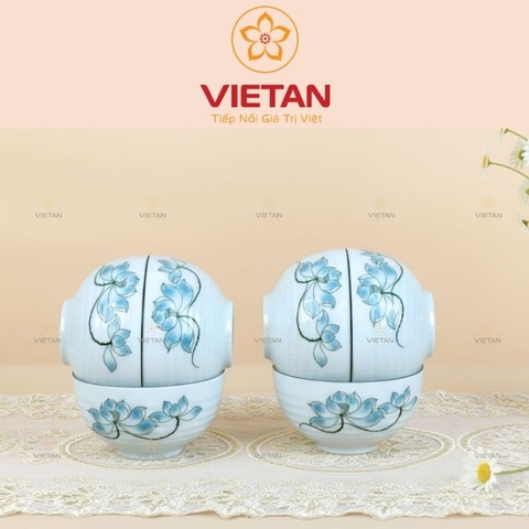 Bộ 6 Bát Ăn Cơm Bát Tràng Men Trắng Hoa Sen Xanh BBD07