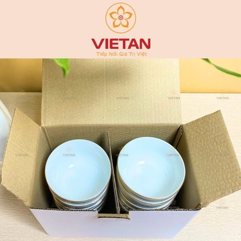 Bộ 10 Bát Ăn cơm Bát Tràng Men Trắng Kẻ Chỉ Vàng In Logo BBD08