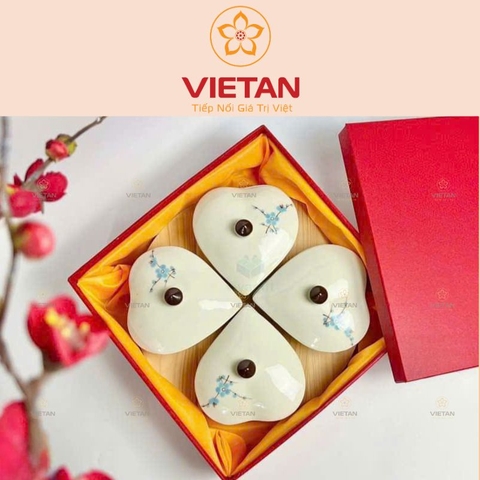 Khay Mứt Tết Bát Tràng 4 Cánh Hình Trái Tim Hoa Xanh KM01