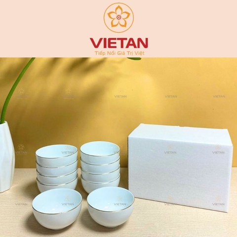 Bộ 10 Bát Ăn cơm Bát Tràng Men Trắng Kẻ Chỉ Vàng In Logo BBD08