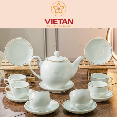 Bộ Ấm Trà Sứ Trắng Viền Vàng Kim Dáng Minh Long BAC05