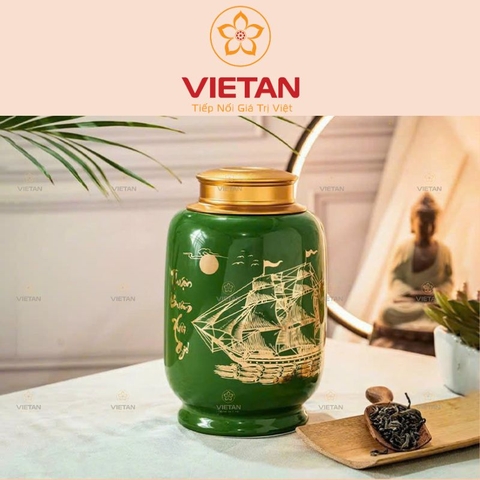 Hũ Đựng Trà Thuận Buồm Xuôi Gió Vẽ Vàng Cao Cấp Dáng Trụ HDT05