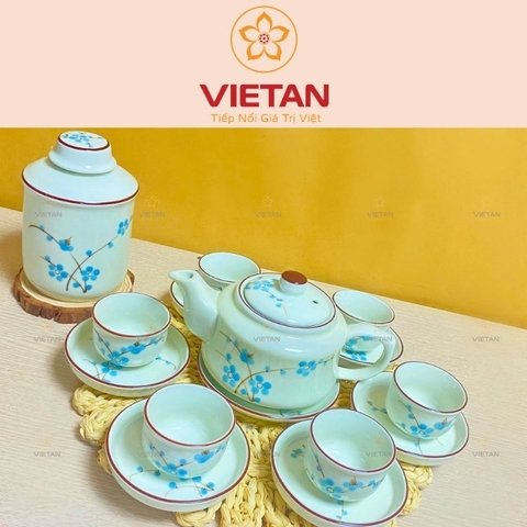 Bộ Ấm Trà Hũ Trà Hoa Đào Xanh Cao Cấp BAC06