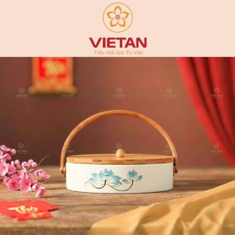 Khay Mứt Gốm Sứ 4 Ngăn Nắp Gỗ Họa Tiết Hoa Lá KM07