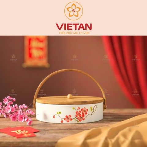 Khay Mứt Gốm Sứ 4 Ngăn Nắp Gỗ Họa Tiết Hoa Lá KM07