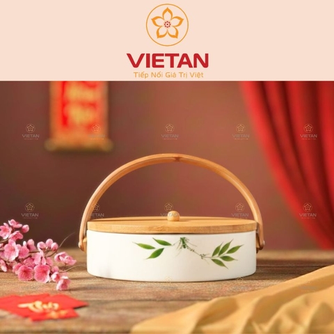 Khay Mứt Gốm Sứ 4 Ngăn Nắp Gỗ Họa Tiết Hoa Lá KM07