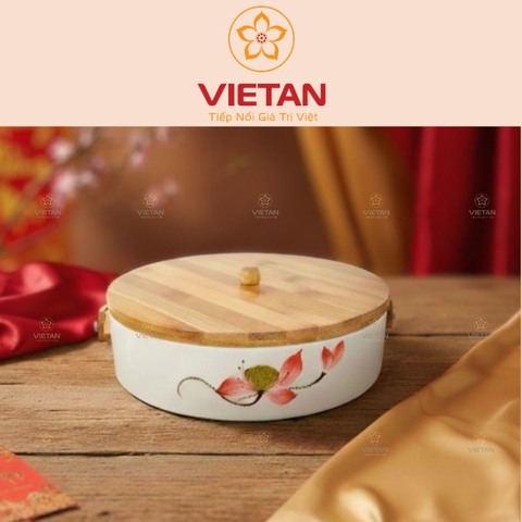 Khay Mứt Gốm Sứ 4 Ngăn Nắp Gỗ Họa Tiết Hoa Lá KM07