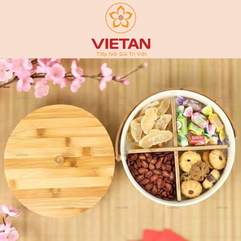 Khay Mứt Gốm Sứ 4 Ngăn Nắp Gỗ Họa Tiết Hoa Lá KM07