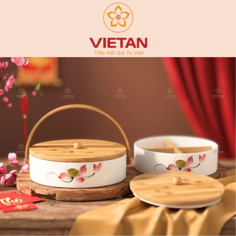 Khay Mứt Gốm Sứ 4 Ngăn Nắp Gỗ Họa Tiết Hoa Lá KM07