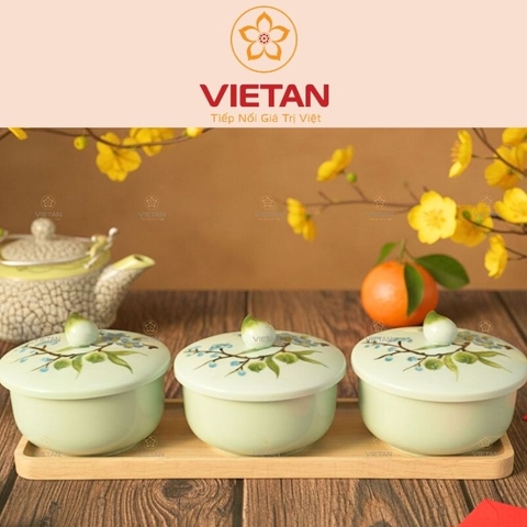 Khay Mứt Sứ 3 Hũ Họa Tiết Hoa Đào KM06