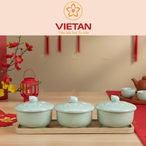 Khay Mứt Sứ 3 Hũ Họa Tiết Hoa Đào KM06