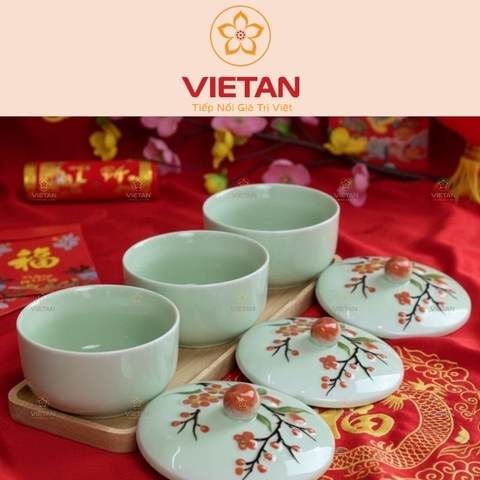 Khay Mứt Sứ 3 Hũ Họa Tiết Hoa Đào KM06