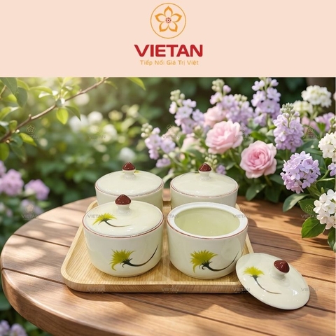 Khay mứt sứ Bát Tràng 4 hũ khay gỗ hoa tiết hoa cúc vàng