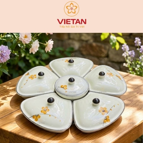 Khay mứt sứ Bát Tràng dáng bông hoa khay gỗ họa tiết hoa đào cam