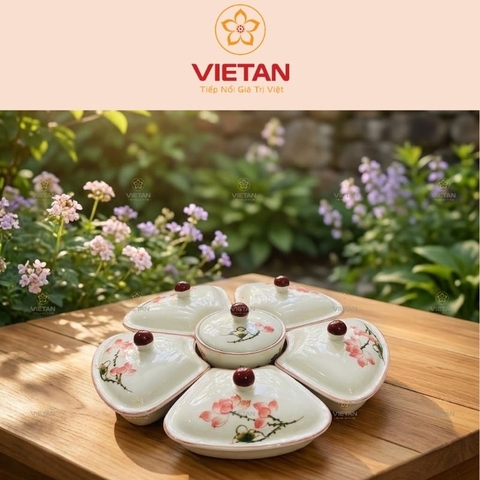 Khay mứt sứ Bát Tràng dáng bông hoa khay gỗ họa tiết hoa sen hồng