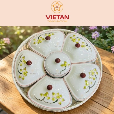 Khay mứt sứ Bát Tràng dáng bông hoa khay mây họa tiết hoa sen vàng