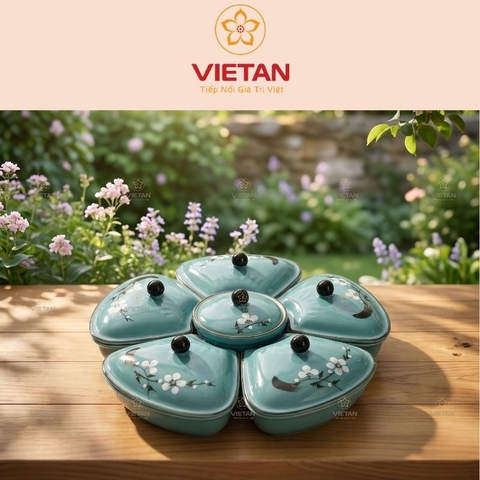 Khay mứt sứ Bát Tràng màu xanh dáng bông hoa khay gỗ họa tiết hoa đào trắng