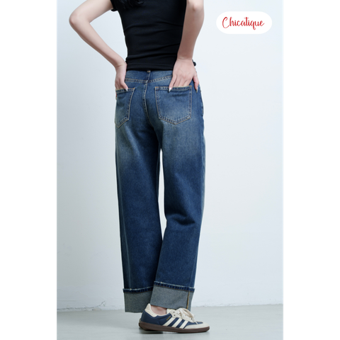 Quần jean Chicatique Evie ống suông basic gập lai Denim dệt Canvas có thun nhẹ