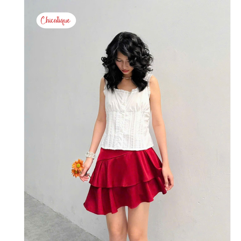 Chân váy ngắn Chicatique Rosie chất lụa Hàn Châu chống nhăn bèo tầng trẻ trung sang trọng