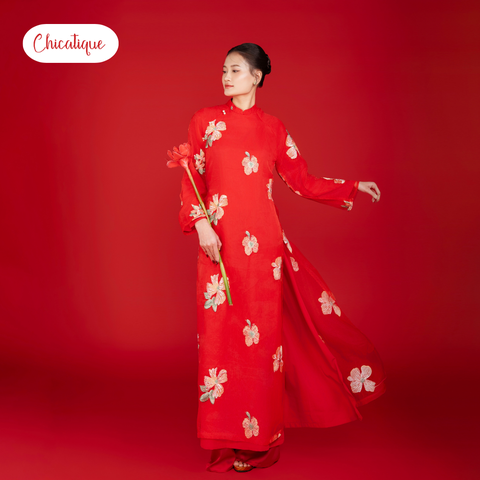 Áo dài Trà Hoa kèm quần lụa Chicatique chất Tơ thêu hoa dáng truyền thống duyên dáng