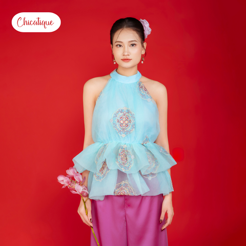 Áo yếm áo dài cách tân Nhã Hoa Chicatique lụa phối tơ thêu sang trọng