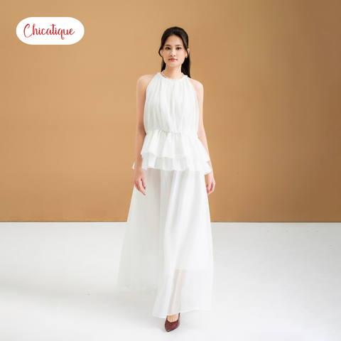 Set áo kiểu cổ yếm kèm váy Chicatique Becka chất tơ Hàn hai lớp bồng bềnh