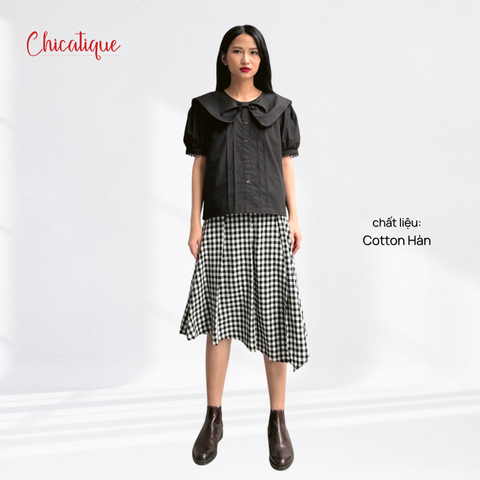 Chân váy công sở thiết kế Chicatique Aria caro đen trắng dáng xòe thanh lịch chất liệu cotton Hàn Quốc mềm mát