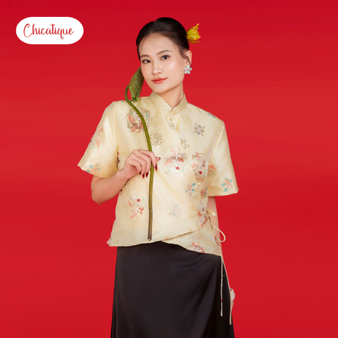 Áo gấm cách tân Mộc Hoa Chicatique gấm thêu cổ tàu hiện đại sang trọng
