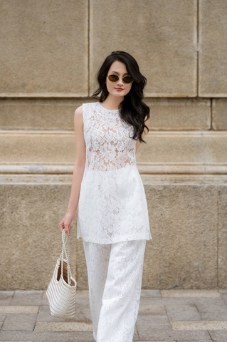 Set áo kèm quần CHICATIQUE Rinny ren Hàn trắng
