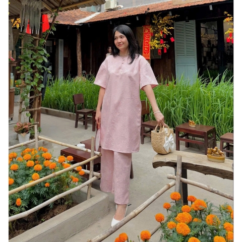 Set áo dài cách tân thiết kế Chicatique Ý Viên chất gấm Hàn form truyền thống quần suông tôn dáng