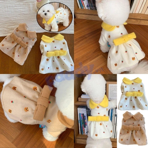 Áo Đầm Cho Chó Mèo Vải Nỉ Gấu Đính Nơ