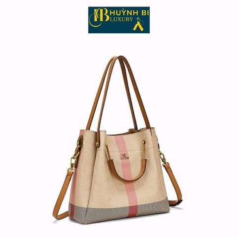 Túi Xách Đi Tiệc Sang Trọng Da Bò Thật, 5 Ngăn HUỲNHBI-S16 Vân Sọc Thời Thượng KT 28X24X10 Bag Nữ Kem