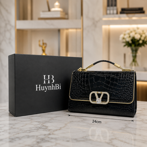 HuynhBi D2_Túi Xách Da Bò Dập Vân Cá Sấu Kích Thước 24cm, 5 Ngăn Có 2 Dây Đeo Chéo, Có Hộp Làm Quà Tặng