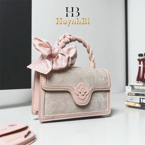 G2_Túi Xách Nữ Da Bò Dập Họa Tiết [Kèm Khăn Lụa] - 20x15x7cm Hoa Bag Hồng Kem