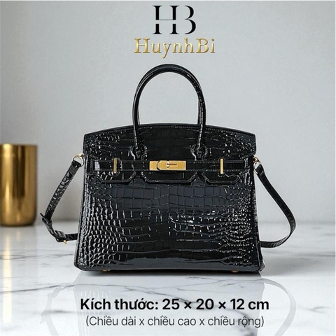 L9_Túi Xách Nữ Birkin Da Bò Nhập Khẩu, Hoạ Tiết Cá Sấu Kích thước 25cm