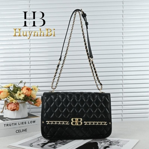 H1_Túi Đeo Vai Đeo Chéo Nữ Chất Liệu Da Bò, Nắp Viền Titan Không Gỉ Khảm Đá - HUỲNH BI luxury Bag Kem
